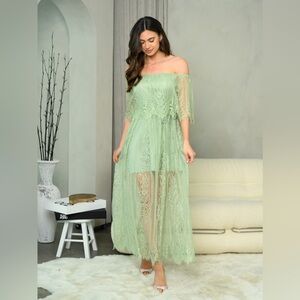 HYFVE Boutique Off-Shoulder Sage Sea Green Lace Maxi Dress Boho Wedding Summer S